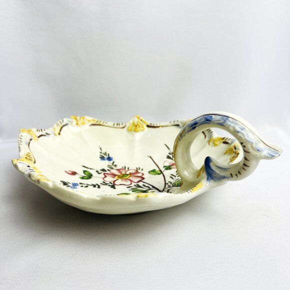 Italian Hand-Painted Vintage Ceramic Dish with Handle - Floral Design, Scalloped - Picture 5 of 10